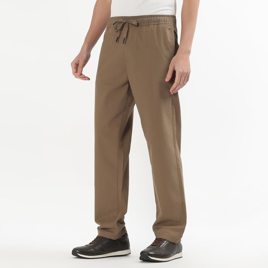Men's Muted Brown Slim Fit Flat-Front Casual Trousers, भूरा, large