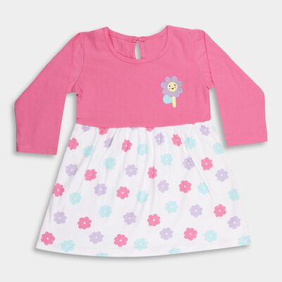Infants' Bright Pink and White Floral Printed Long Sleeve Frock