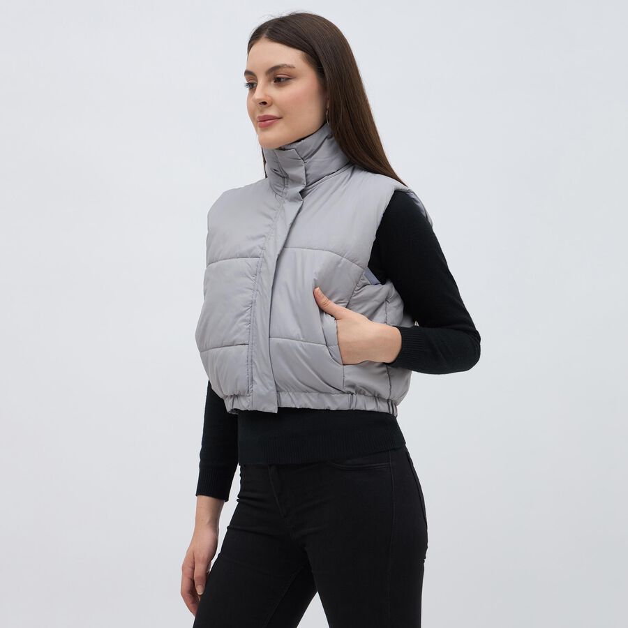 Women's Light Grey High Neck Sleeveless Puffer Jacket, Light Grey, large image number null