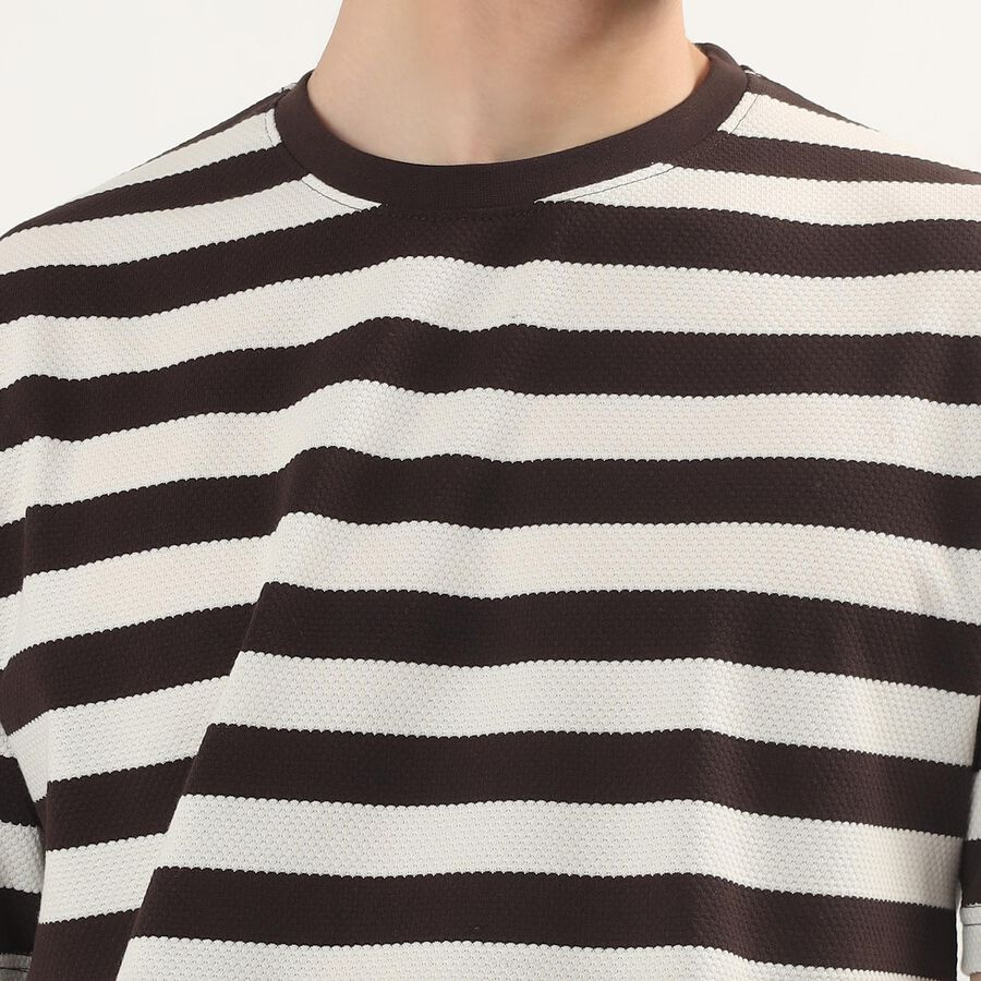 Men's Brown Round Neck Horizontal Striped T-Shirt, Brown, large