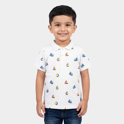 Boys White Cotton Polo Neck Casual T-Shirt