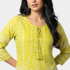 Women's Yellow Round Neck Printed Straight Kurti, Yellow, small