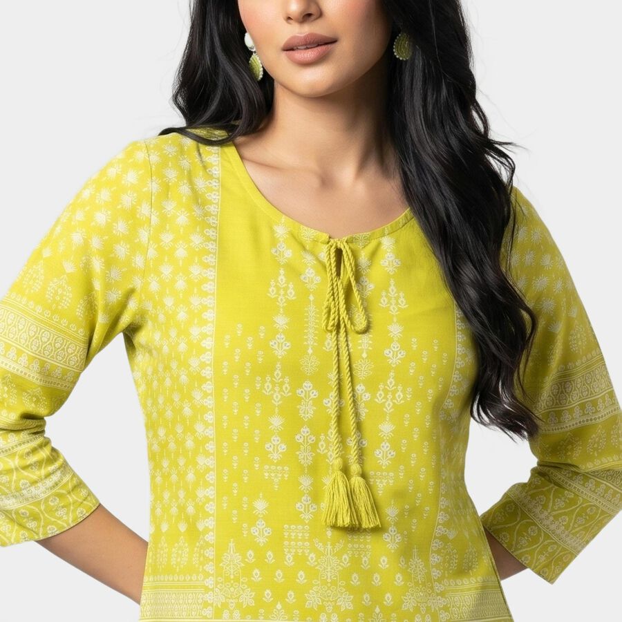 Women's Yellow Round Neck Printed Straight Kurti, Yellow, large