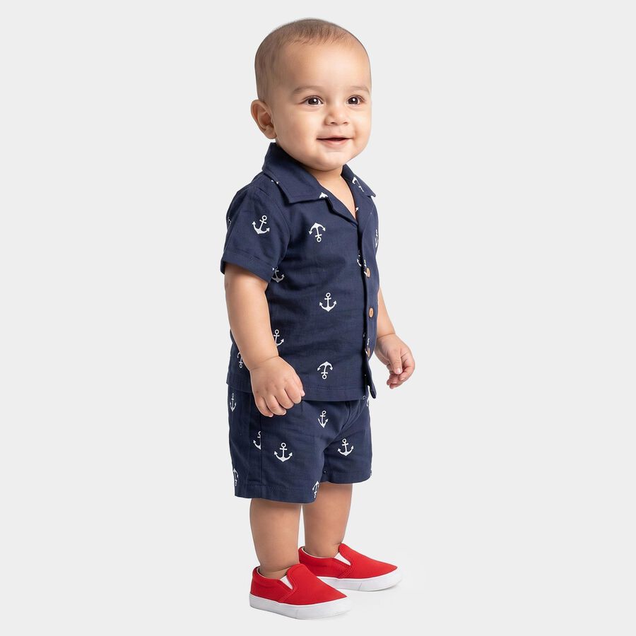 Infants' Navy Blue Cotton Collar Neck Anchor Printed Baba Suit, Navy Blue, large