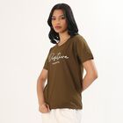 Women's Olive Round Neck Graphic T-Shirt, Olive, small