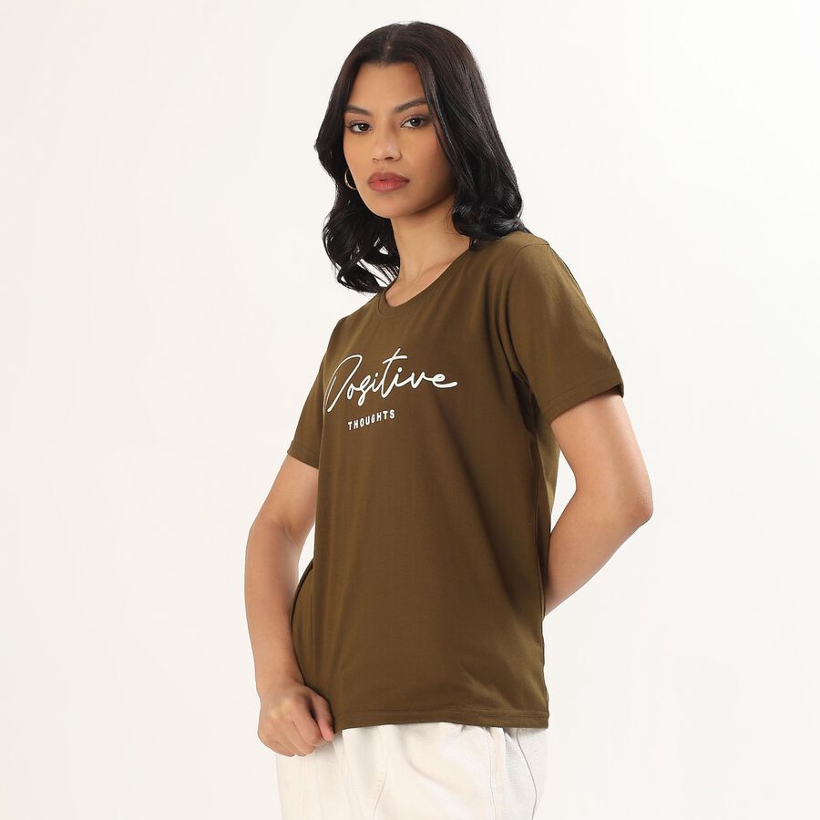 Women's Olive Round Neck Graphic T-Shirt, Olive, large