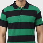 Men Green Polo Neck Striped T-Shirt, Dark Green, small