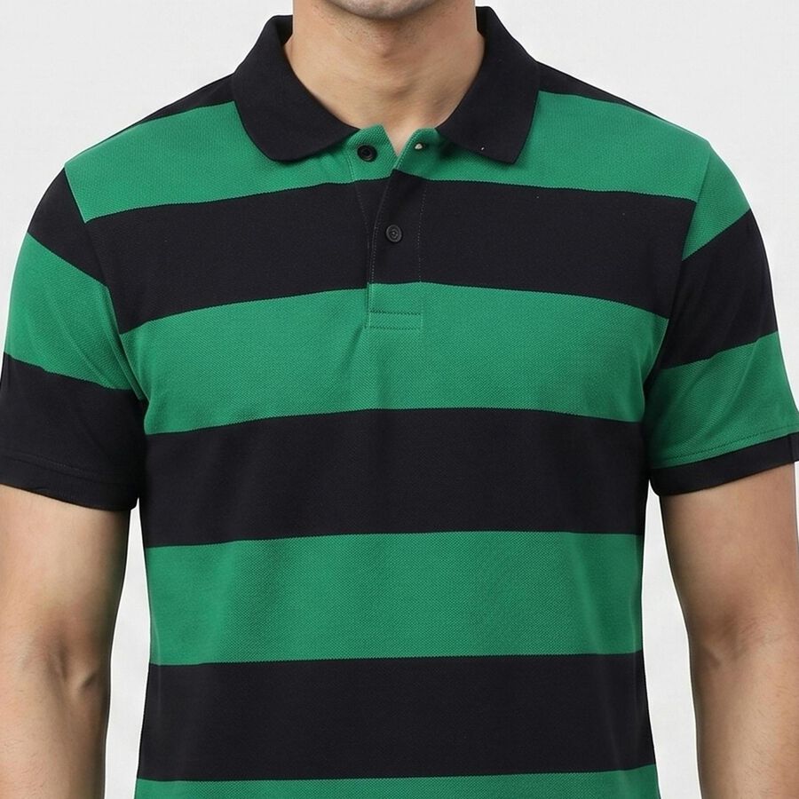 Men Green Polo Neck Striped T-Shirt, Dark Green, large