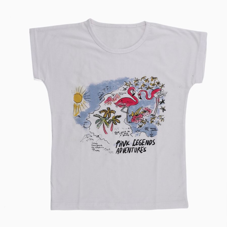 Girls Bright Snow White Round Neck Casual T-Shirt, सफ़ेद, large image number null