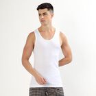 Men's Bright White Cotton Round Neck Sleeveless Vest, सफ़ेद, small