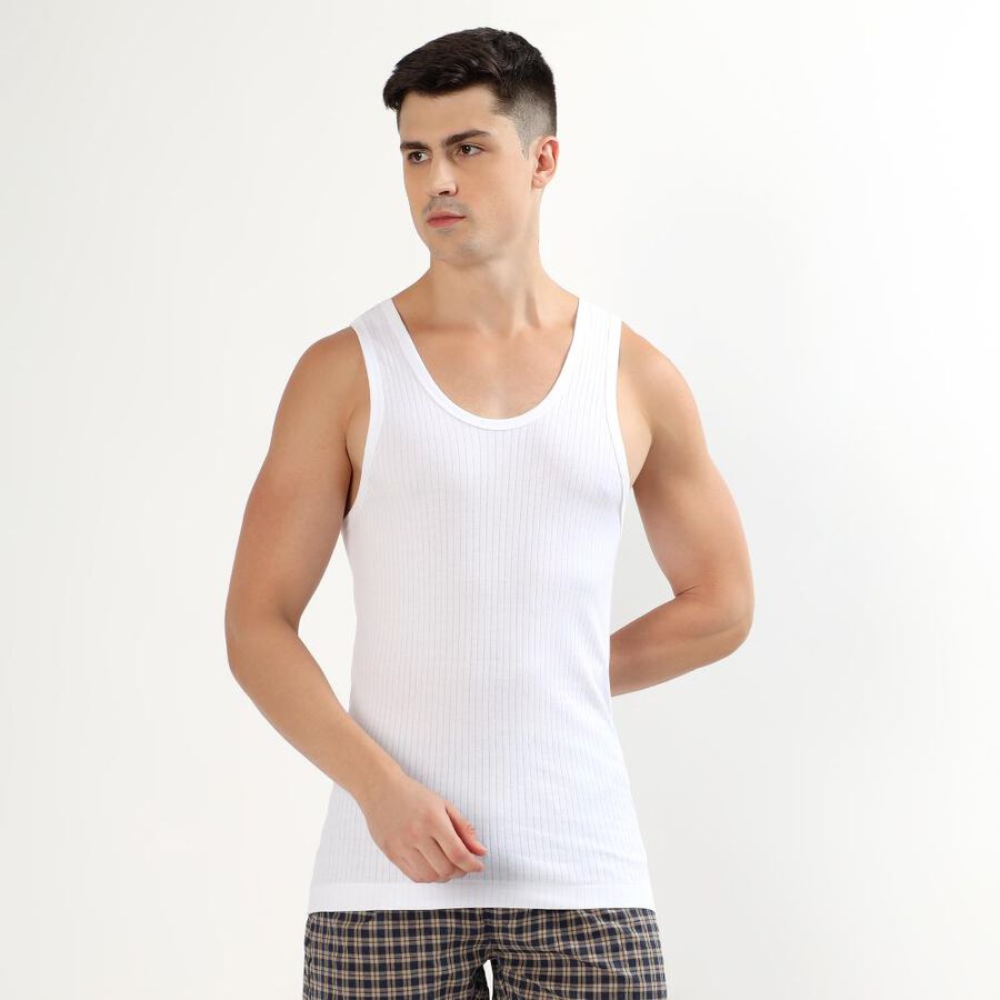 Men's Bright White Cotton Round Neck Sleeveless Vest, सफ़ेद, large