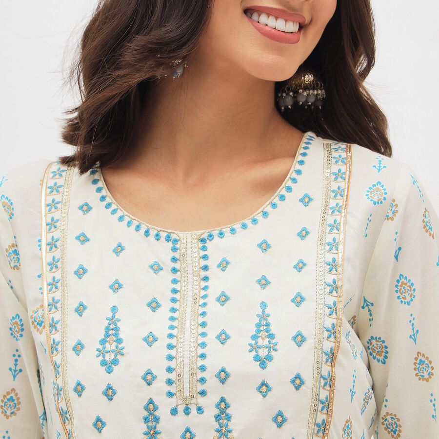 Women's Ivory Round Neck Embroidered Kurta, Off White, large image number null