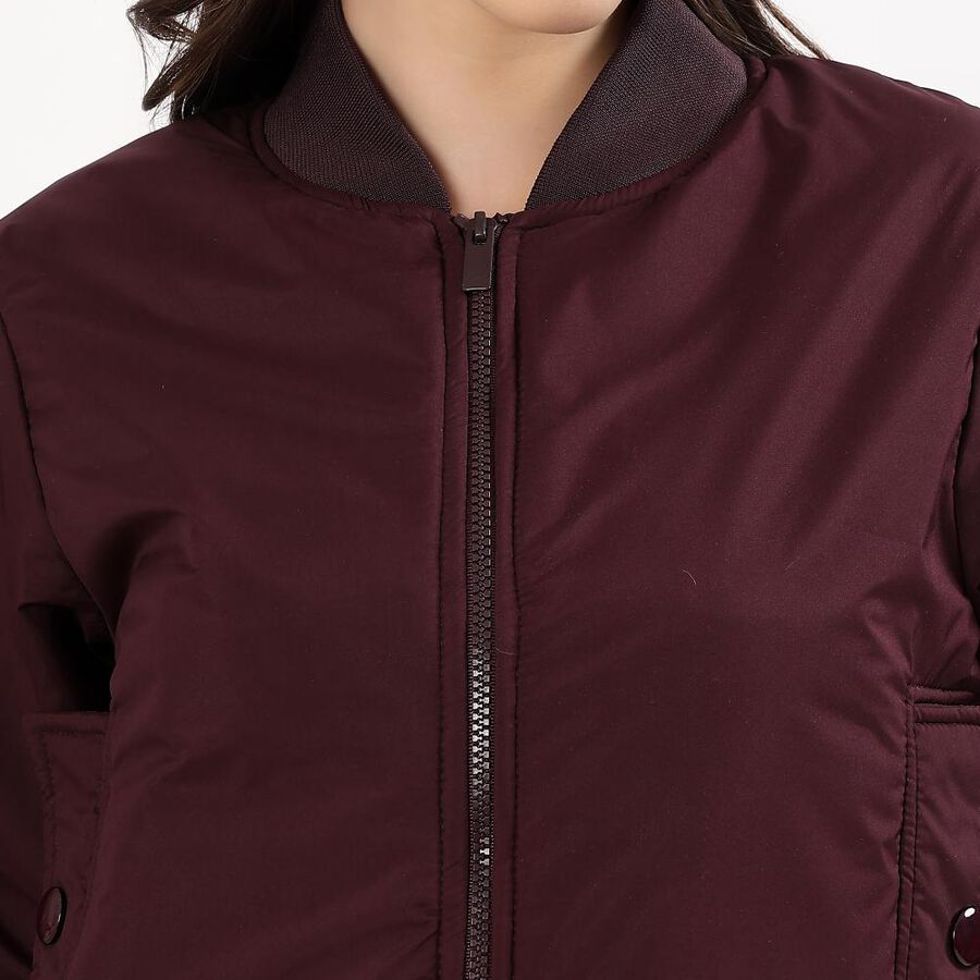 Women's Rich Maroon Ribbed Bomber Jacket, Wine, large image number null