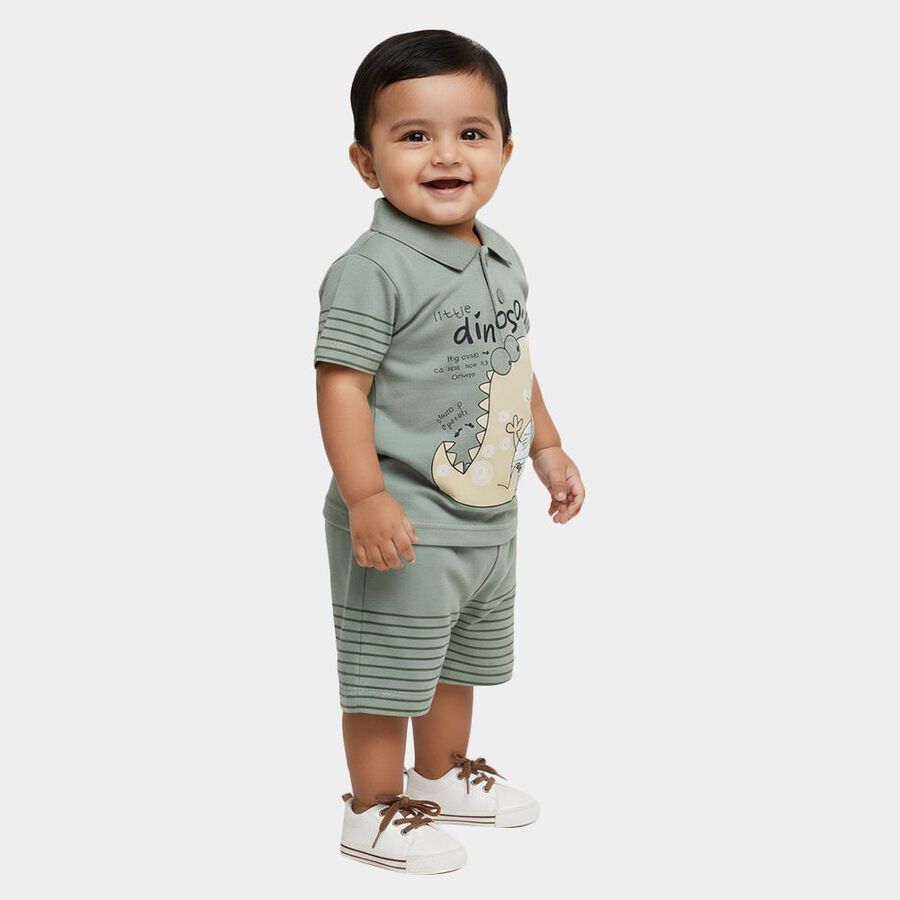 Infants' Green Cotton Polo Neck Dinosaur Printed Baba Suit, Light Green, large