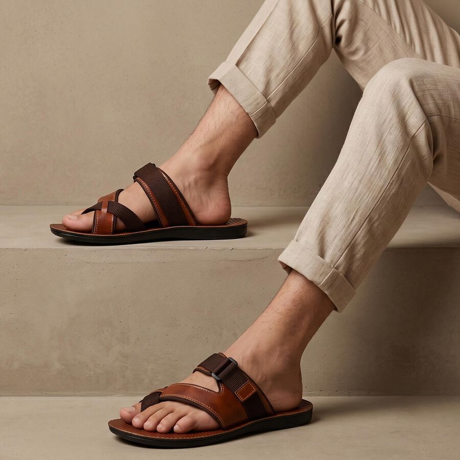 Men's Brown PU Thong Slip-On Sandals, भूरा, large