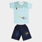Boys Mint 100% Cotton Round Neck Striped Shark Printed Baba Suit, Light Green, small
