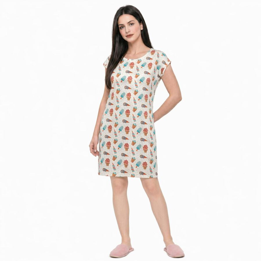 Women's Off White Round Neck T-Shirt Style Nighty, Off White, large