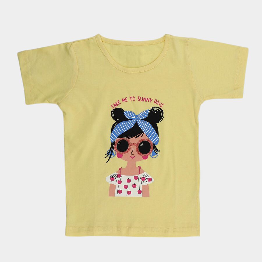 Girls Yellow Cotton Round Neck Casual T-Shirt, पीला, large