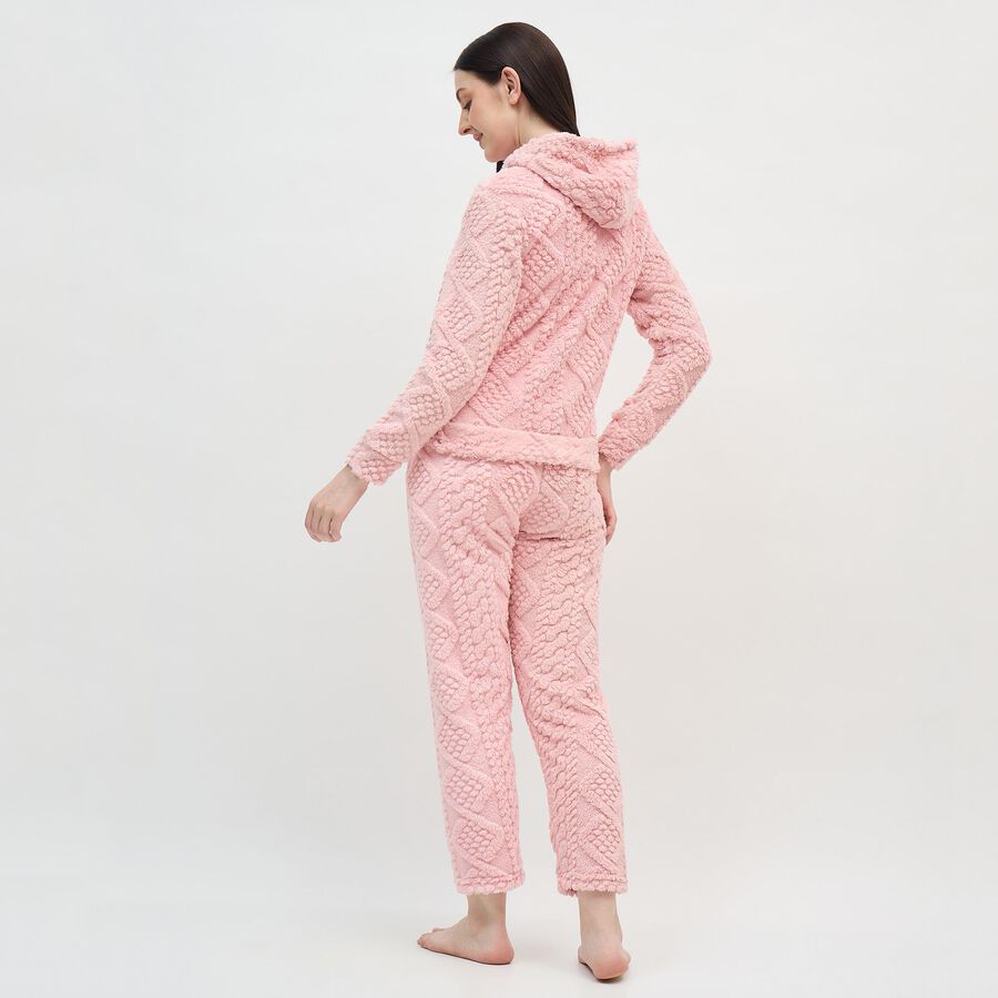 Women's Soft Pink Textured Fleece Hooded Pyjama, Light Pink, large image number null