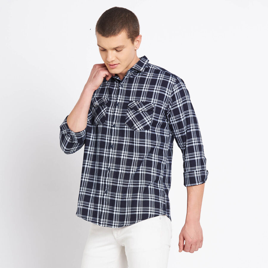 Cotton Checks Casual Shirt, Dark Blue, large image number null