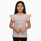 Girls' Light Pink Cotton Round Neck Ruffle Sleeve Graphic T-Shirt, Light Pink, small image number null