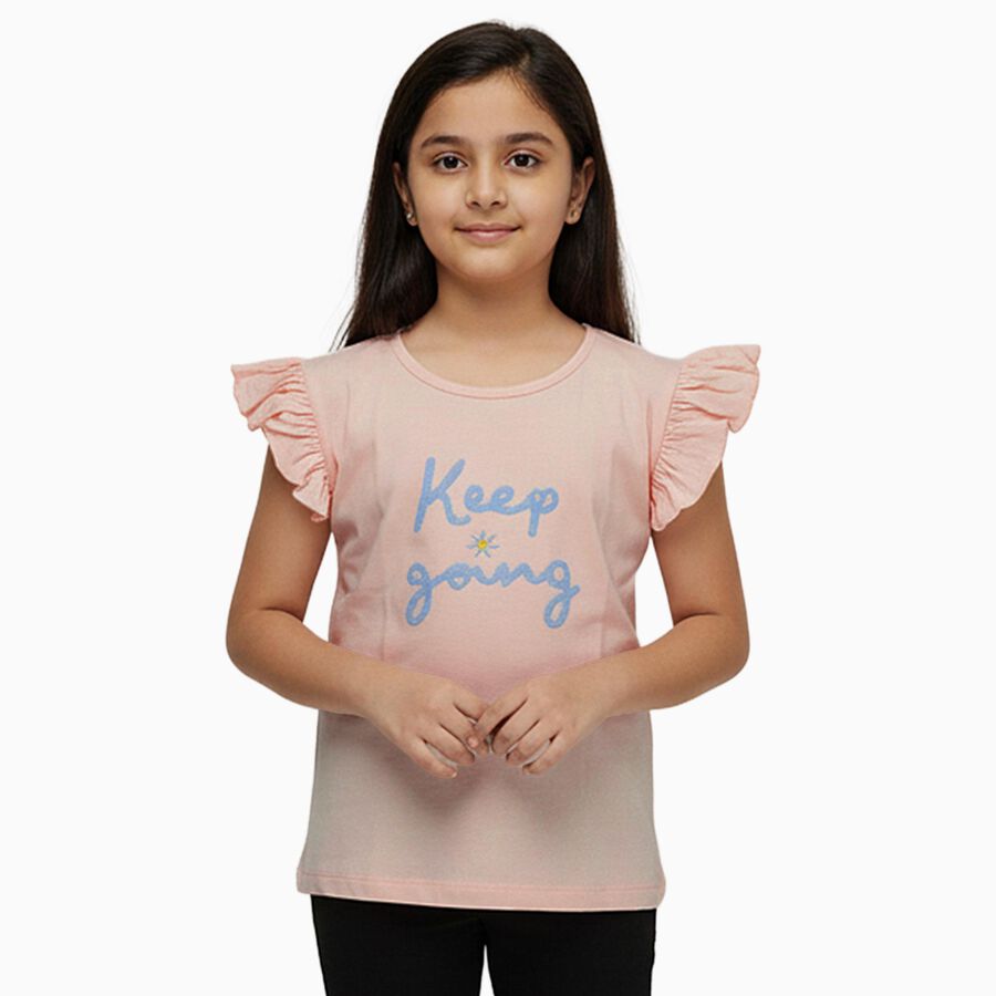 Girls' Light Pink Cotton Round Neck Ruffle Sleeve Graphic T-Shirt, Light Pink, large image number null