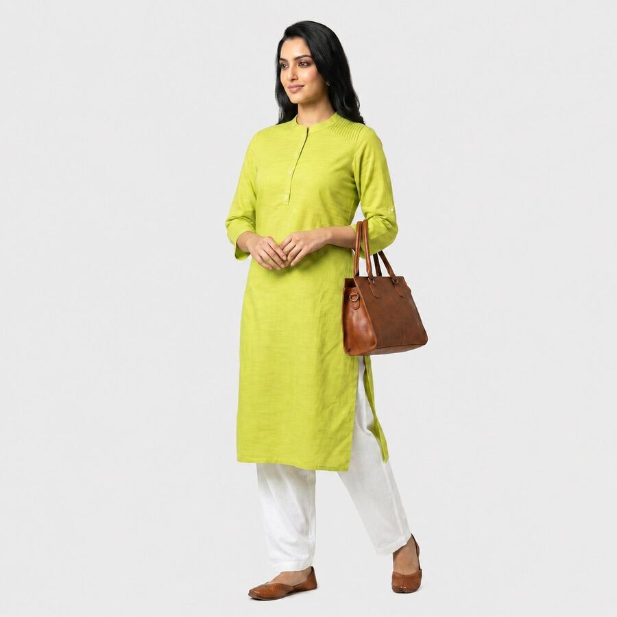 Women's Green Cotton Mandarin Collar Solid Straight Kurta, हल्का हरा, large