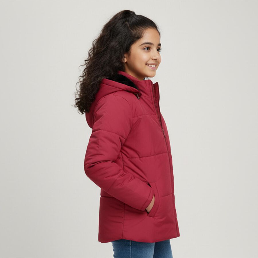Girls' Vibrant Red Hooded Puffer Jacket, Fuchsia, large image number null