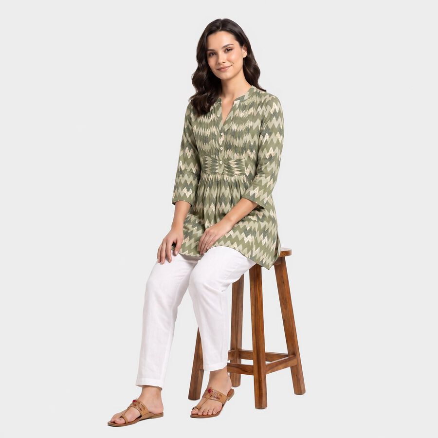 Women's Olive Green V-Neck Printed Kurti, Olive, large