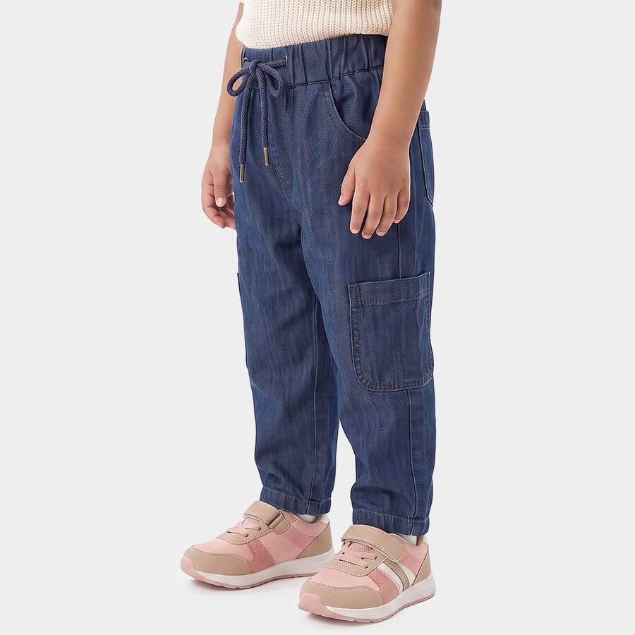 Girls' Navy Blue Cargo Fit Drawstring Waist Jeans, Mid Blue, large