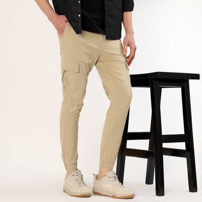Men's Beige Slim Fit Cargo Trousers