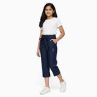 Girls' Navy Blue High Waist Paperbag Cropped Jeans, गहरा नीला, small image number null