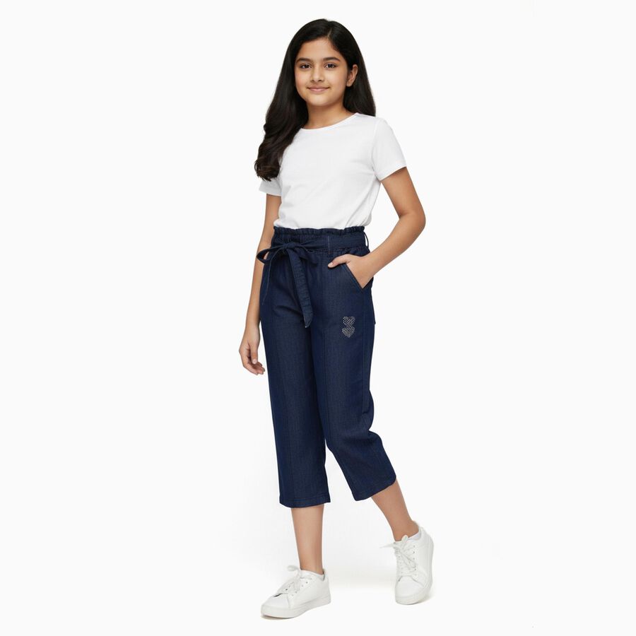 Girls' Navy Blue High Waist Paperbag Cropped Jeans, गहरा नीला, large image number null