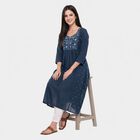 Women's Navy Blue Cotton Notch Neck Embroidered Kurta, Navy Blue, small