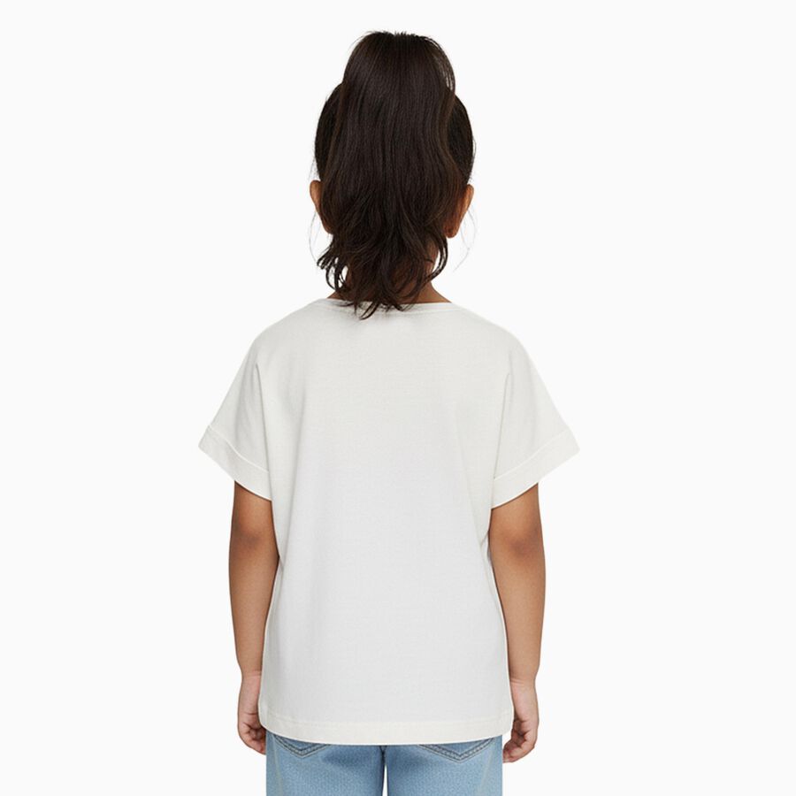 Girls' White Cotton Round Neck Casual T-Shirt, सफ़ेद, large image number null