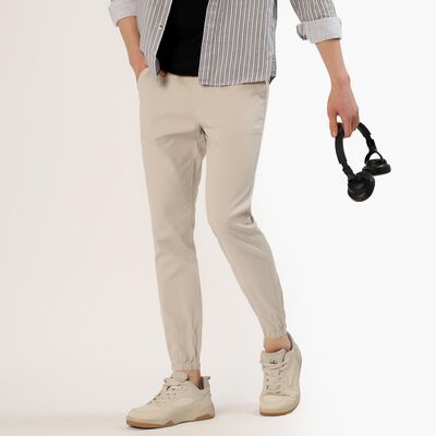 Men's Light Beige Slim Fit Elastic Waist Casual Trousers