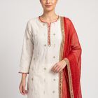 Women's Off White Round Neck Embroidered Straight Kurta, ऑफ व्हाइट, small