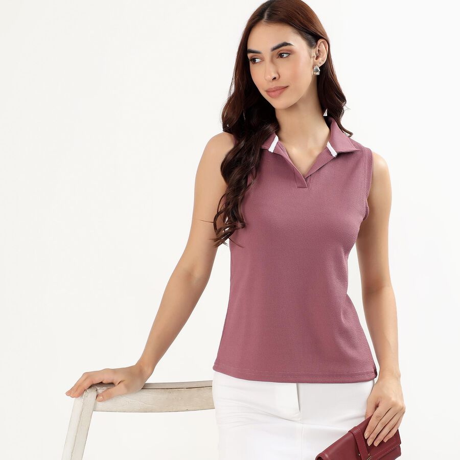 Women's Dusty Rose Polo Collar Sleeveless T-Shirt, Pink, large