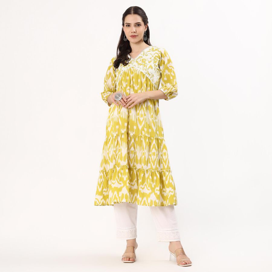 Women's Bright Mustard Yellow Cotton V-Neck Embroidered Kurta, हल्का हरा, large image number null