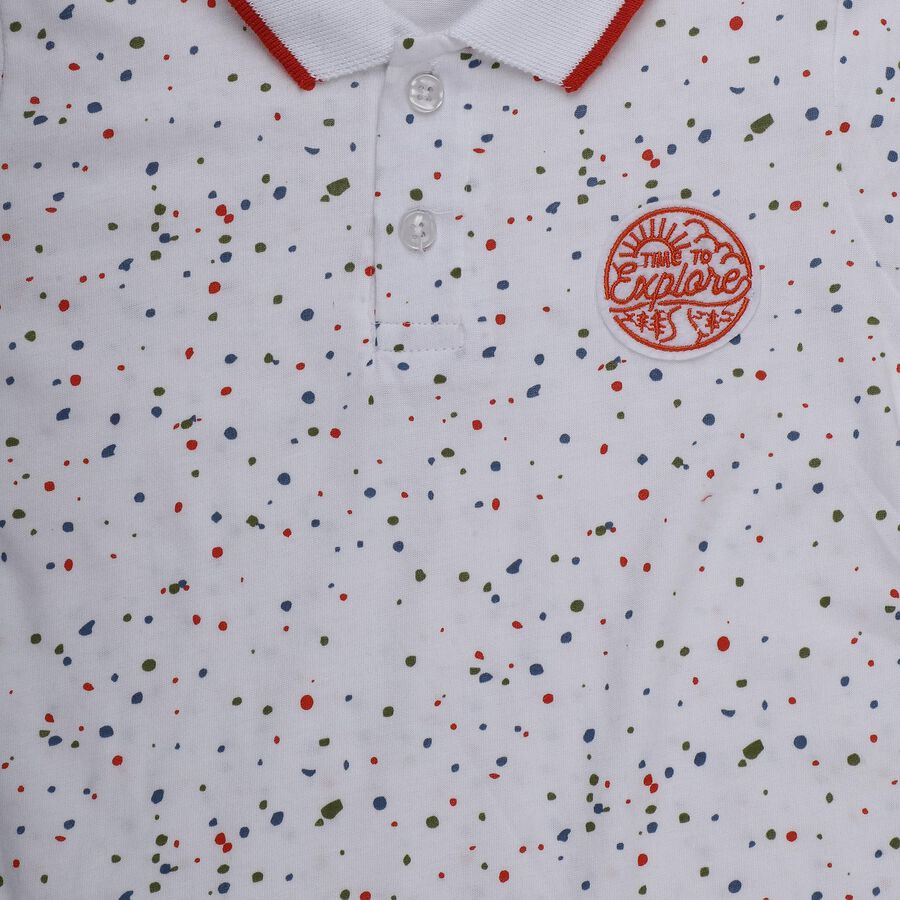 Boys' White Cotton Polo Neck Confetti Printed T-Shirt, White, large