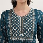 Women's Teal Mandarin Collar Self Design Straight Kurti, टील ब्लू, small