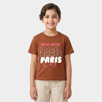 Girls Brown Round Neck Regular T-Shirt