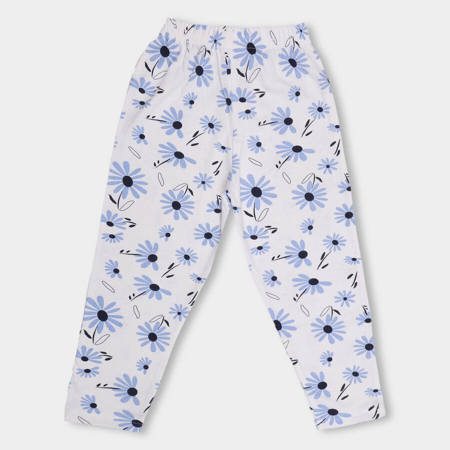 Girls' White Floral Printed Regular-Fit Cotton Blend Pyjama, White, large image number null