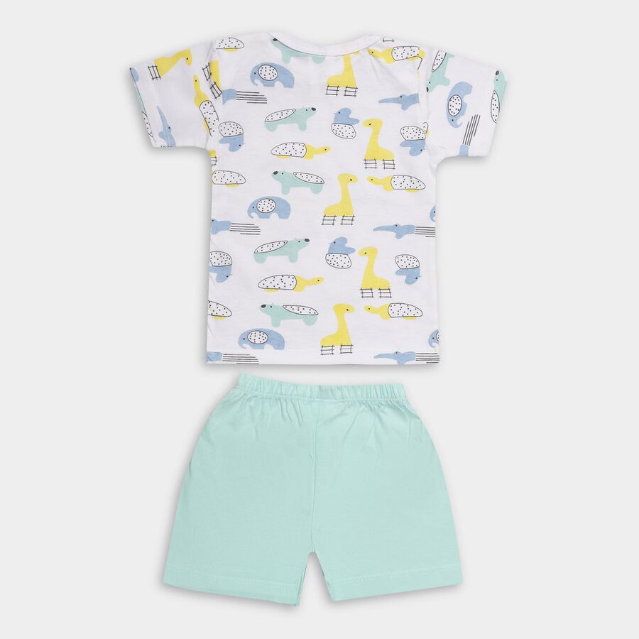 Infant Boys' Aqua Cotton Round Neck Animal Print Baba Suit, एक्वा, large image number null