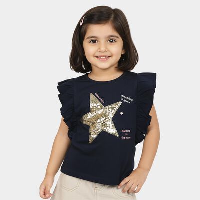 Girls Navy Blue Round Neck Regular T-Shirt