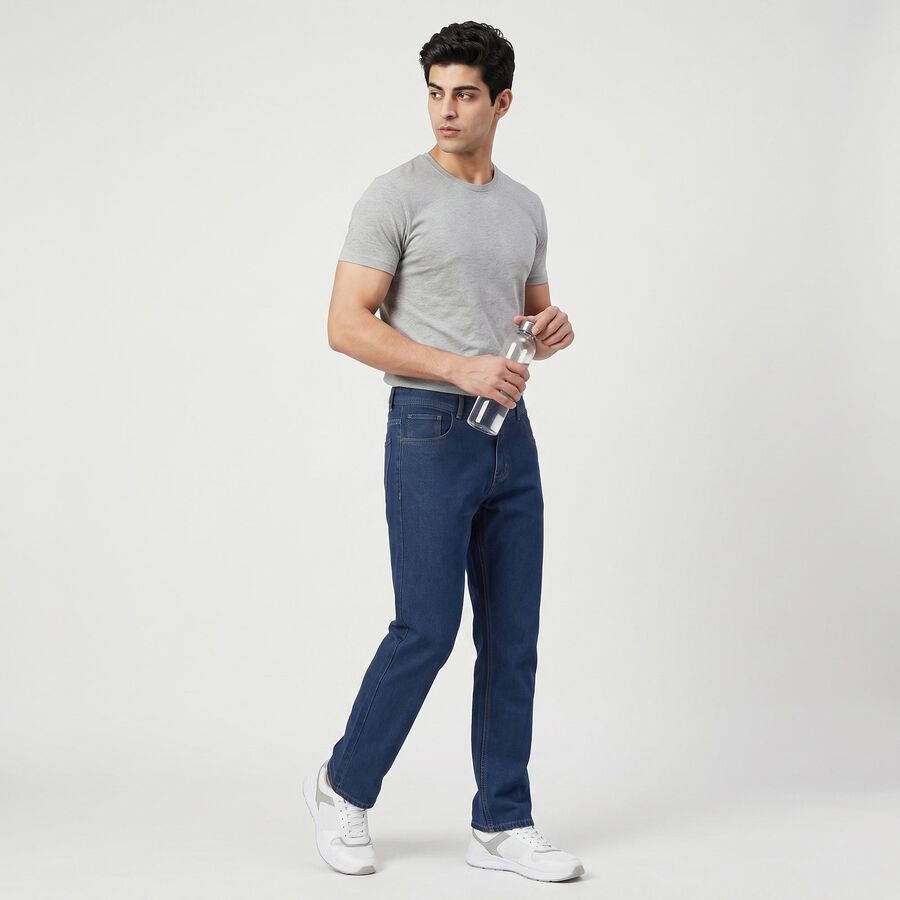 Men's Blue Straight Fit Clean Wash Jeans, मध्यम नीला, large