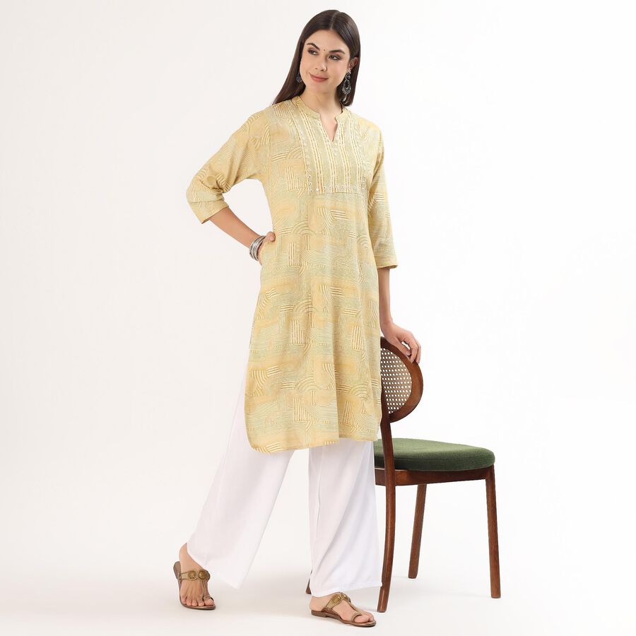Women's Yellow Round Neck Straight Kurta, पीला, large