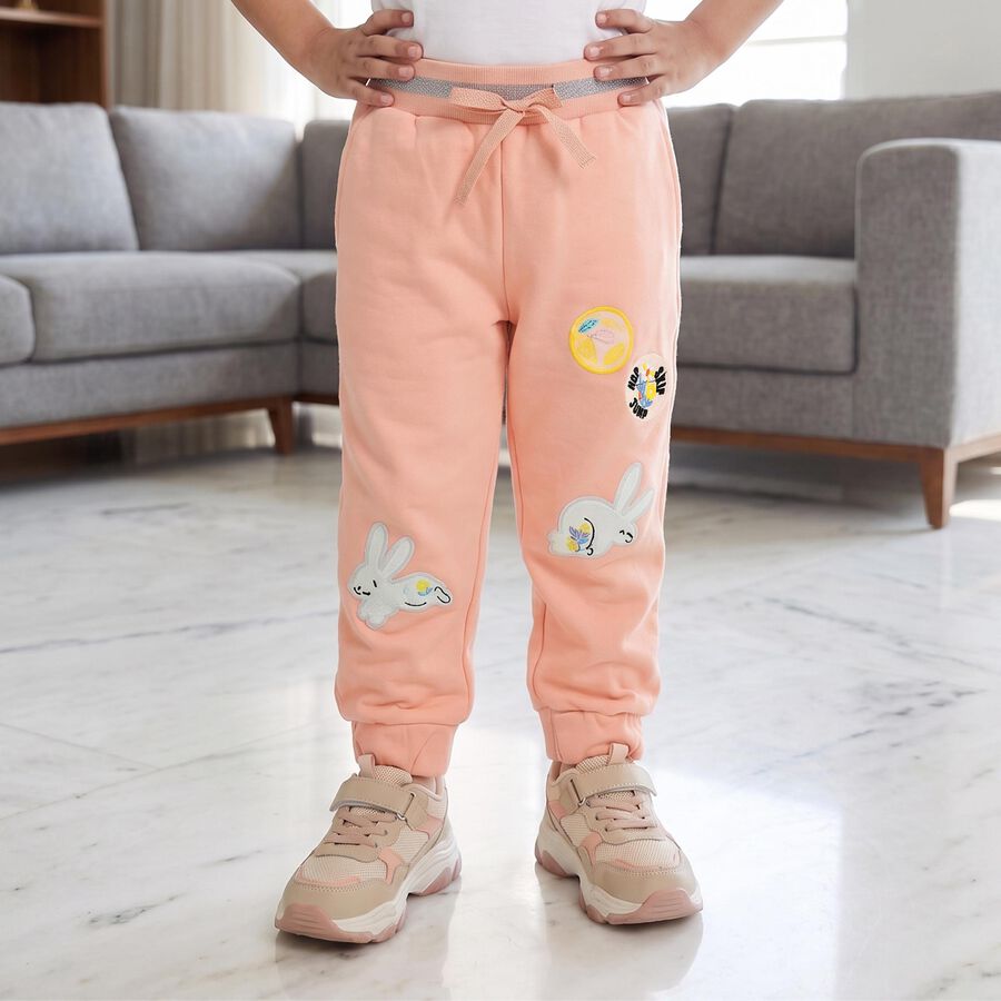 Girls' Peach Jogger Fit Bunny Applique Pyjama, पीच, large