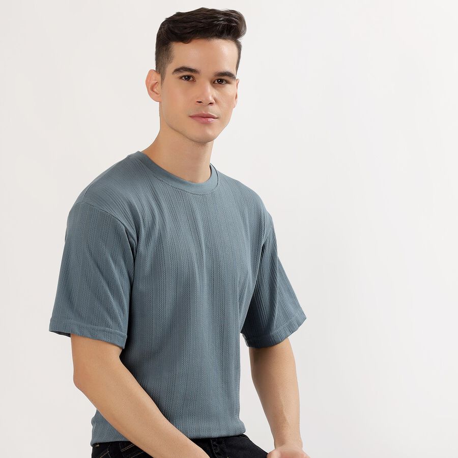 Men's Muted Steel Blue Round Neck Casual T-Shirt, Mid Blue, large image number null