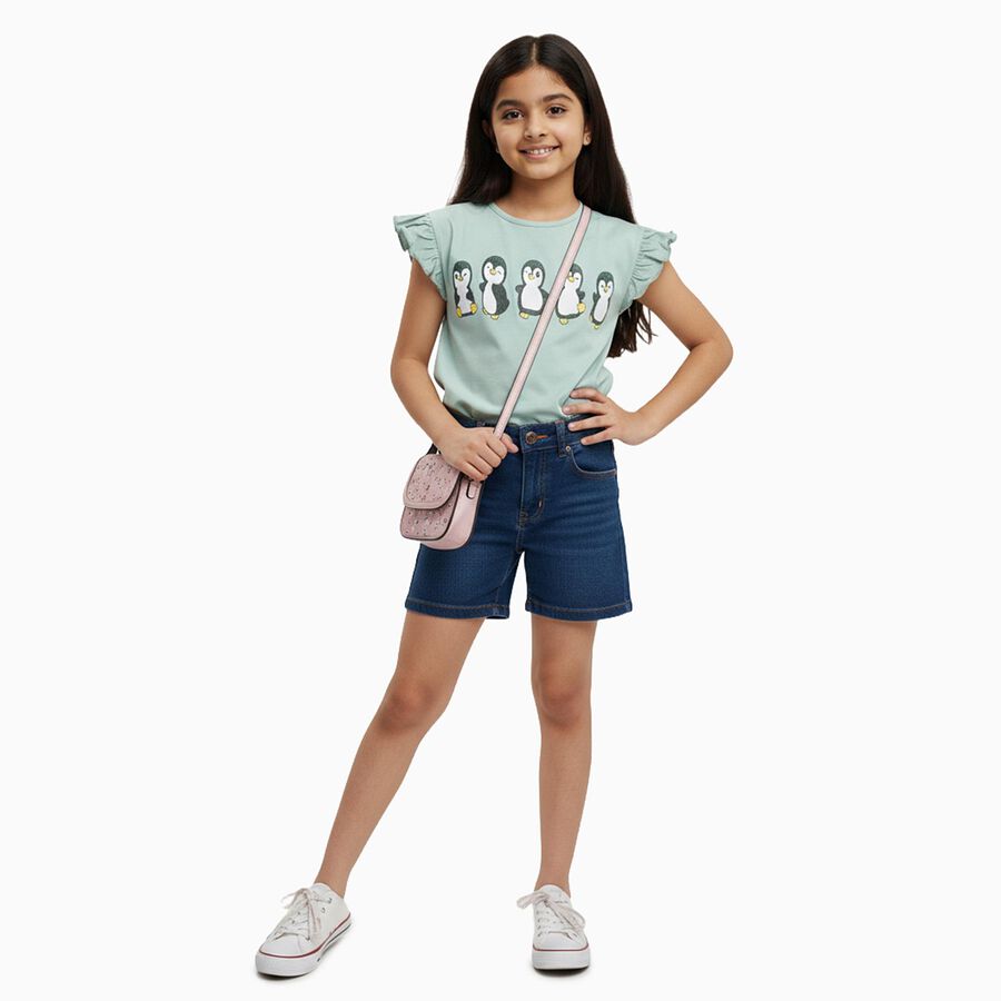 Girls Light Sage Green Cotton Round Neck Casual T-Shirt, हल्का ग्रे, large